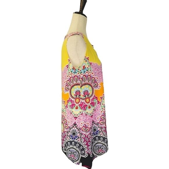Sunny Leigh Bright Multi Color Keyhole Sleeveless Handkerchief Hem Tunic Top M - Picture 3 of 10